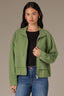 Willow Green Long Drop Shoulder Sleeve Zip Front Mock Neck Double Layer Back Vent Patch Pocket Cinched Hem Woven Bomber Jacket