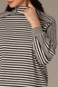 Black Off White Stripe Three Quarter Dolman Sleeve Mock Neck Stripe Print Hi-Low Hem Knit Top