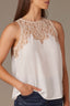 Winter White Sleeveless Lace Yoke Scallop Edge Keyhole Back Round Neck Woven Tank Top