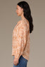 Peach Pie Clementine Multi Three Quarter Cinched Blouson Sleeve Ruffle Smock Split V-Neck Knotted Cord-Filled Self Tie Hi-Low Stripe Floral Print Woven Top