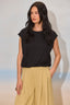 Black Extended Double Pleated Shoulder Sleeve Scoop Neck Embroidered Logo Cased Bubble Hem Knit Top