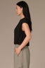 Black Extended Double Pleated Shoulder Sleeve Scoop Neck Embroidered Logo Cased Bubble Hem Knit Top