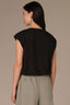 Black Extended Double Pleated Shoulder Sleeve Scoop Neck Embroidered Logo Cased Bubble Hem Knit Top