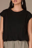 Black Extended Double Pleated Shoulder Sleeve Scoop Neck Embroidered Logo Cased Bubble Hem Knit Top