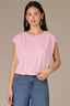 Dusty Orchid Extended Double Pleated Shoulder Sleeve Scoop Neck Embroidered Logo Cased Bubble Hem Knit Top