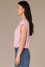 Dusty Orchid Extended Double Pleated Shoulder Sleeve Scoop Neck Embroidered Logo Cased Bubble Hem Knit Top