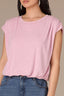 Dusty Orchid Extended Double Pleated Shoulder Sleeve Scoop Neck Embroidered Logo Cased Bubble Hem Knit Top