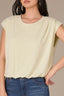 Neon Lime Extended Double Pleated Shoulder Sleeve Scoop Neck Embroidered Logo Cased Bubble Hem Knit Top