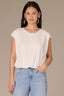 Off White Extended Double Pleated Shoulder Sleeve Scoop Neck Embroidered Logo Cased Bubble Hem Knit Top