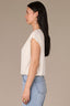 Off White Extended Double Pleated Shoulder Sleeve Scoop Neck Embroidered Logo Cased Bubble Hem Knit Top