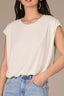 Off White Extended Double Pleated Shoulder Sleeve Scoop Neck Embroidered Logo Cased Bubble Hem Knit Top