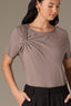Oyster Mushroom Short Sleeve Scoop Neck Raw Edge Detailing Twist Front Knit Top