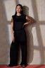 Black Sleeveless Pleated Drop Shoulder Studded Round Neck Bubble Hem Knit Top