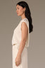 Blanched Almond Sleeveless Pleated Drop Shoulder Studded Round Neck Bubble Hem Knit Top