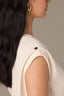 Blanched Almond Sleeveless Pleated Drop Shoulder Studded Round Neck Bubble Hem Knit Top