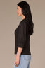 Black Three Quarter Puff Drop Shoulder Sleeve Mandarin Collar Split V-Placket Mixed Media Knit Top