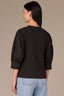 Black Three Quarter Puff Drop Shoulder Sleeve Mandarin Collar Split V-Placket Mixed Media Knit Top