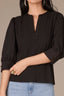 Black Three Quarter Puff Drop Shoulder Sleeve Mandarin Collar Split V-Placket Mixed Media Knit Top
