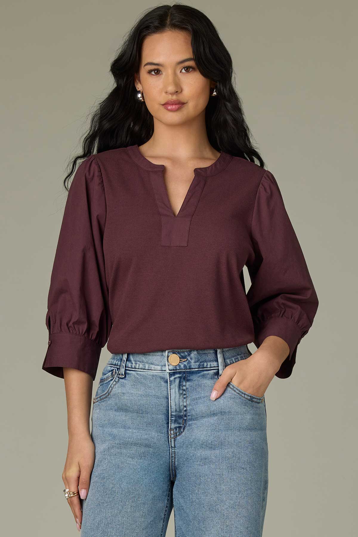 Three Quarter Puff Sleeve Mandarin Collar V-Neck Mixed Media Knit