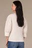 Off White Three Quarter Puff Drop Shoulder Sleeve Mandarin Collar Split V-Placket Mixed Media Knit Top