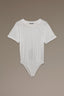 Off White Short Roll Cuff Sleeve Crew Neck Blouson Hem Snap Closure Knit Tee Bodysuit Top
