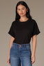 Black Short Roll Cuff Sleeve Crew Neck Blouson Hem Snap Closure Knit Tee Bodysuit Top