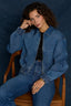 Mid Blue Denim Long Drop Shoulder Sleeve Zip Front Collar Neck Angled Seam Drop-In Pocket Cinched Hem Bomber Jacket