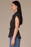 Black Extended Shoulder Cap Sleeve Seaming Detail Collar Neck Hidden Button Down Placket Elastic Self-Tie Waist Woven Shirt