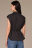 Black Extended Shoulder Cap Sleeve Seaming Detail Collar Neck Hidden Button Down Placket Elastic Self-Tie Waist Woven Shirt