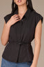 Black Extended Shoulder Cap Sleeve Seaming Detail Collar Neck Hidden Button Down Placket Elastic Self-Tie Waist Woven Shirt