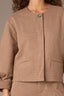 Peanut Butter Multi Three Quarter Barrel Pleated Sleeve Hidden Snap Placket Round Button Neck Cropped Hem Knit Jacket