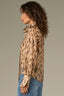 Caramel Latte Animal Print Long French Cuff Sleeve Babylock Wire Edge Curled Collar Split Neck Self Tie Pleated Woven Top
