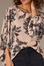 Ivory Black Three Quarter Peasant Sleeve Elastic Band Boat Neck Hi-Low Hem Floral Print Petite Woven Top