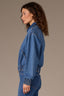 Mid Blue Denim Long Drop Shoulder Sleeve Zip Front Collar Neck Angled Seam Drop-In Pocket Cinched Hem Bomber Jacket