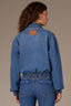 Mid Blue Denim Long Drop Shoulder Sleeve Zip Front Collar Neck Angled Seam Drop-In Pocket Cinched Hem Bomber Jacket