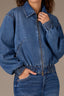 Mid Blue Denim Long Drop Shoulder Sleeve Zip Front Collar Neck Angled Seam Drop-In Pocket Cinched Hem Bomber Jacket