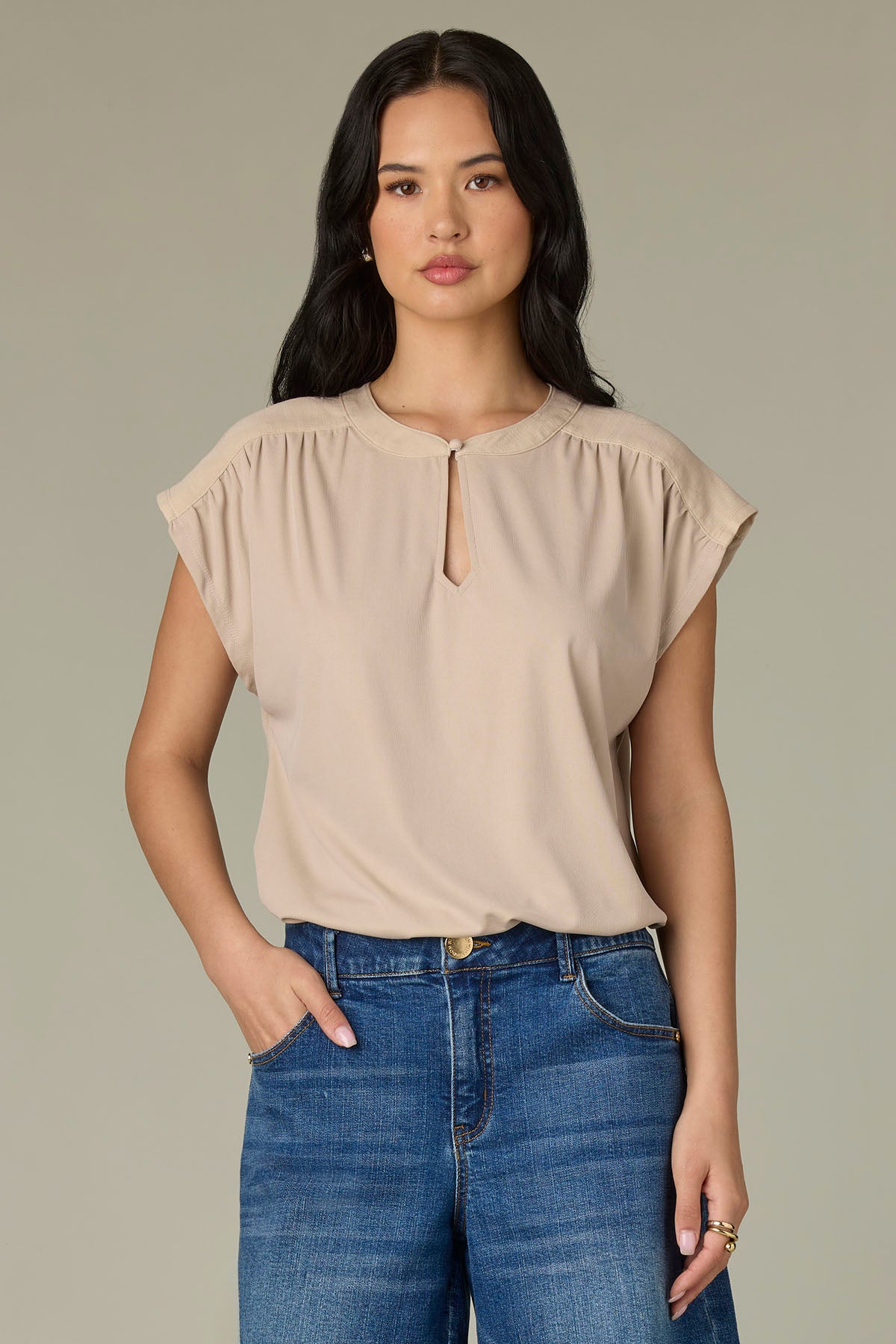 Extended Shoulder Cap Sleeve Mandarin Collar Mixed Media Knit Top