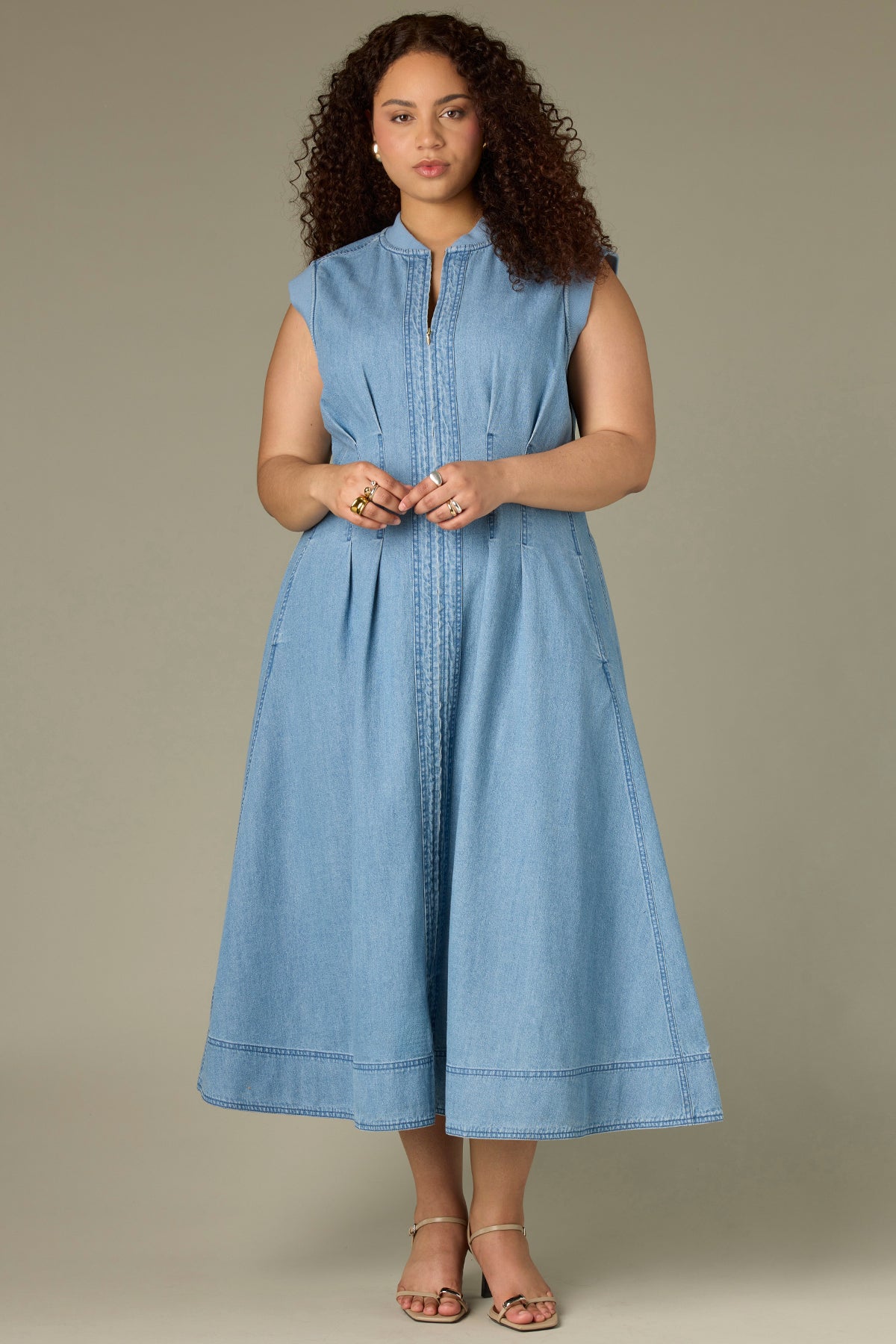 Extended Shoulder Zip Front Pleated Midi Plus Size Denim Dress
