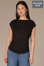 Black Extended Double Pleated Shoulder Sleeve Scoop Neck Embroidered Logo Cased Bubble Hem Plus Size Knit Top