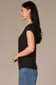 Black Extended Double Pleated Shoulder Sleeve Scoop Neck Embroidered Logo Cased Bubble Hem Plus Size Knit Top