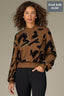 Golden Brown Black Long Blouson Sleeve Overlap Mock Neck Banded Hem Abstract Metallic Jacquard Print Plus Size Pull Over Sweater