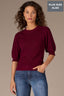 Wild Plum Pleated Cinched Elbow Sleeve Round Neck Banded Hem Scallop Edge Detail Open Work Plus Size Sweater Top