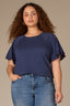 Navy Short Double Flutter Raglan Sleeve Ladder Trim Scoop Neck Back Center Seam Plus Size Knit Top