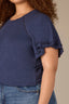 Navy Short Double Flutter Raglan Sleeve Ladder Trim Scoop Neck Back Center Seam Plus Size Knit Top