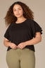 Black Short Double Flutter Raglan Sleeve Ladder Trim Scoop Neck Back Center Seam Plus Size Knit Top