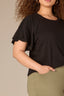 Black Short Double Flutter Raglan Sleeve Ladder Trim Scoop Neck Back Center Seam Plus Size Knit Top