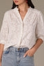Off White Below Elbow Banded Lantern Ruffle Edge Sleeve Button Down Stand Collar V-Neck Scallop Edge Yoke Plus Size Woven Shirt