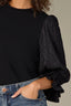 Black Three Quarter Puff Smock Flounce Sleeve Round Neck Hook Closure Front Textured Mixed Media Plus Size Knit Top