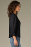 Black Three Quarter Puff Smock Flounce Sleeve Round Neck Hook Closure Front Textured Mixed Media Plus Size Knit Top