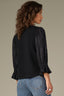 Black Three Quarter Puff Smock Flounce Sleeve Round Neck Hook Closure Front Textured Mixed Media Plus Size Knit Top